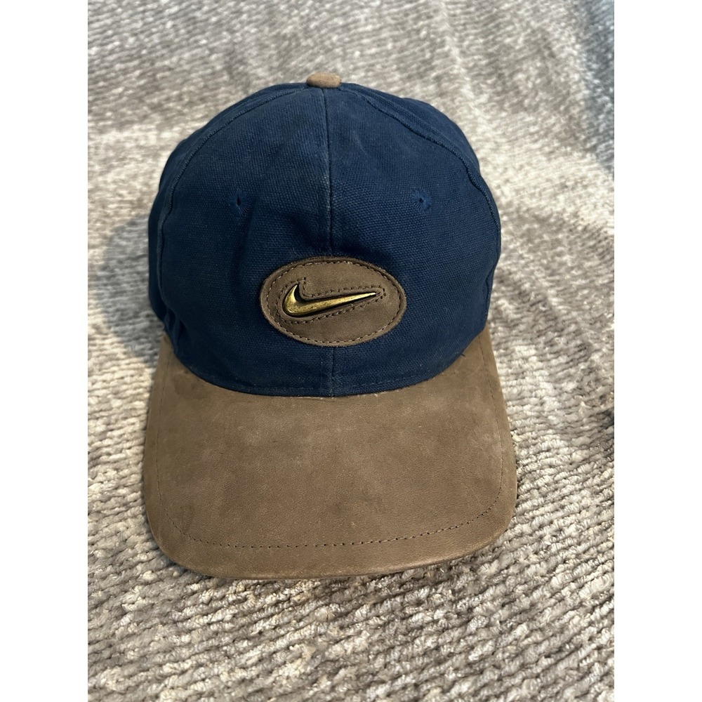 Rare Vintage Nike Golf Adjustable Hat Cap Blue & Suede Metal Logo 1990's (h19)